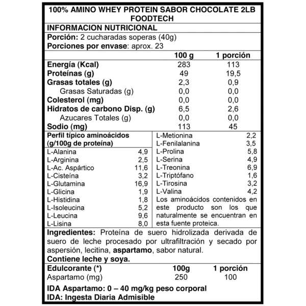 100% Amino Whey Protein Chocolate 907grs. - Imagen 2