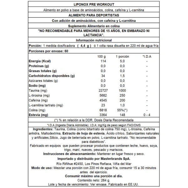 Pre Entreno Energizante Liponox 264grs. - Imagen 2
