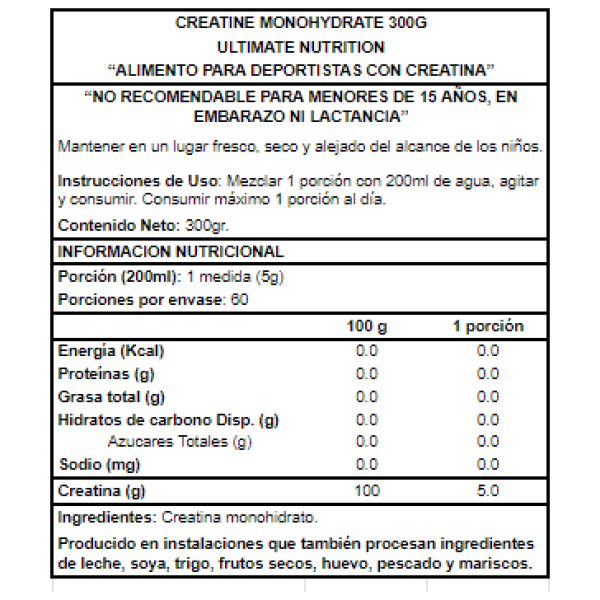 Creatina Micronizada Ultimate Nutrition 300grs. - Imagen 2