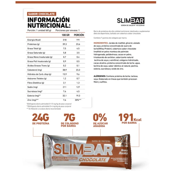 Barrita Proteina Slim Bar Chocolate 60grs. - Imagen 2