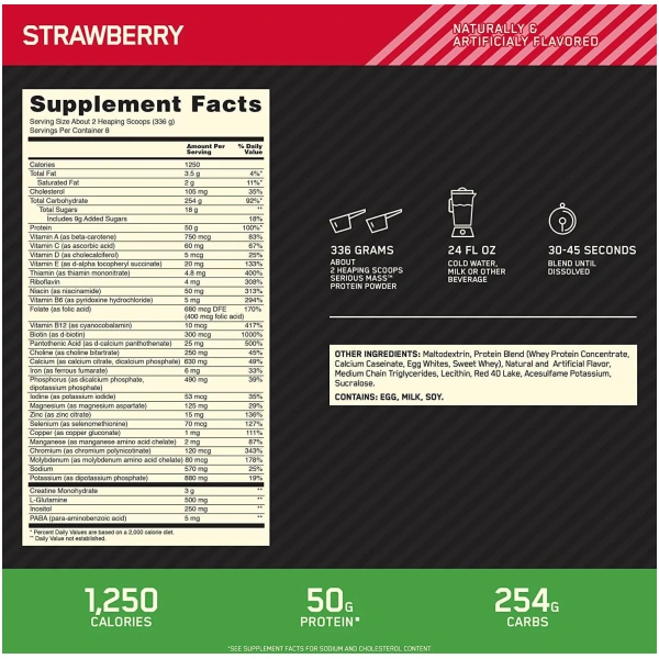 ON Serious Mass Gainer Frutilla 2.72KG - Imagen 2