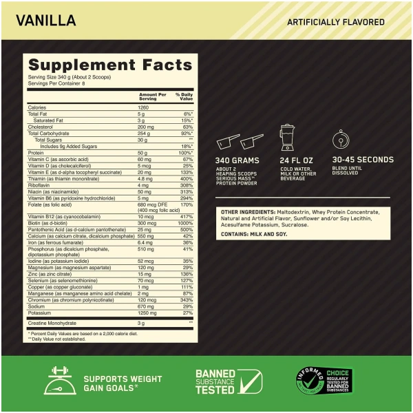 ON Serious Mass Gainer Frutilla 2.72KG - Imagen 3