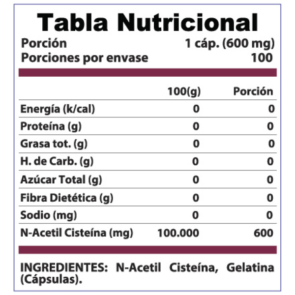NAC L Cisteína (N Acetyl Cysteine) 600mg 100 cáps. - Imagen 2
