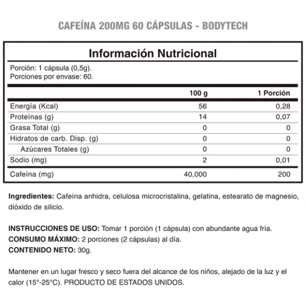 Cafeina 200 Mg 60 Caps Bodytech - Imagen 2